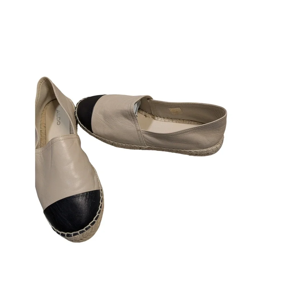Aldo Womens Beige Leather Cap Toe Espadrille Flats Black Contrast Slip On Size 9